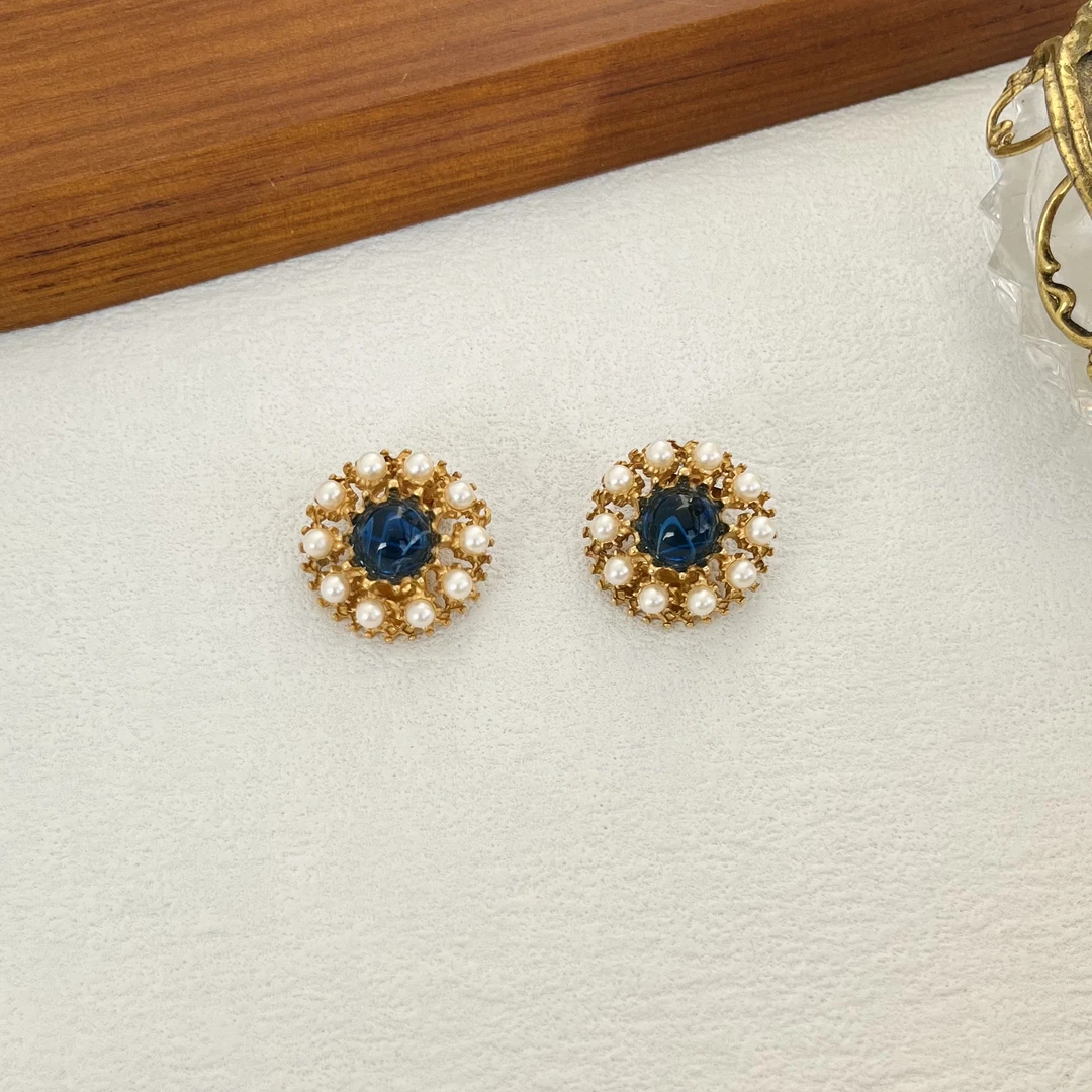 合金玻璃耳饰 ben 蓝色琉璃贝珠耳夹