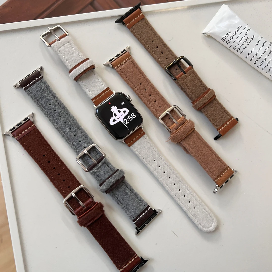 适用Ultra苹果iwatch手表s9新年s8红色秋冬毛呢皮质表带7654代SE2