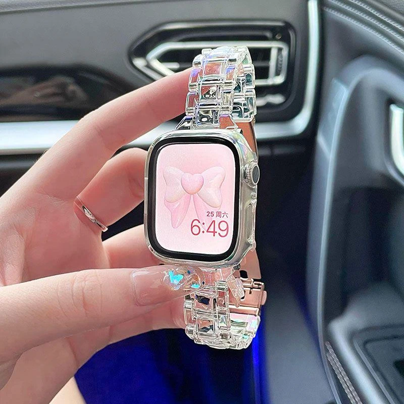 适用applewatchS9苹果手表iwatch87新款简约轻奢镭射冰川透明表带