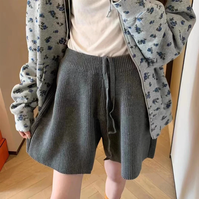 韩系高腰抽绳针织短裤女秋冬新款柔软宽松阔腿休闲裤毛线五分裤子