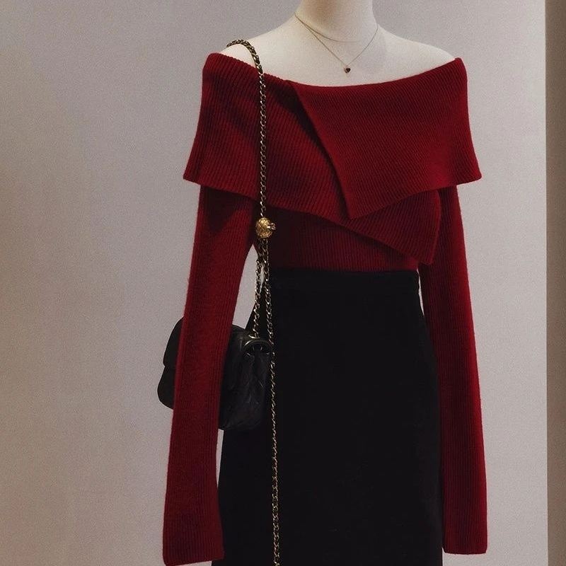 大码女装冬女2025新款过年显瘦一字肩红色毛衣新年战袍