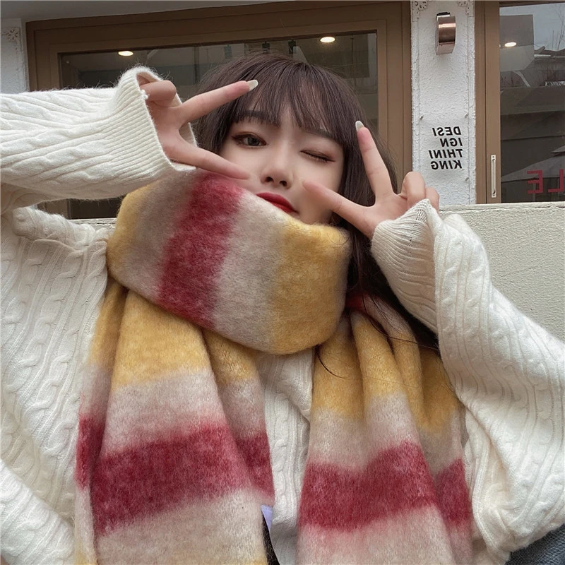 秋冬季彩虹格子条纹围巾厚实款保暖流苏披肩围脖渐变加厚长款情侣