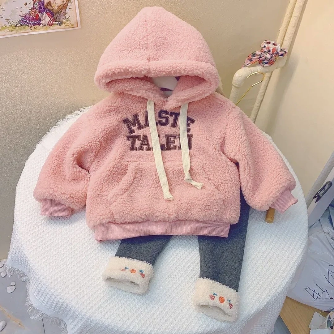女童冬季套装2023儿童加绒加厚卫衣外套加厚打底裤一条过冬