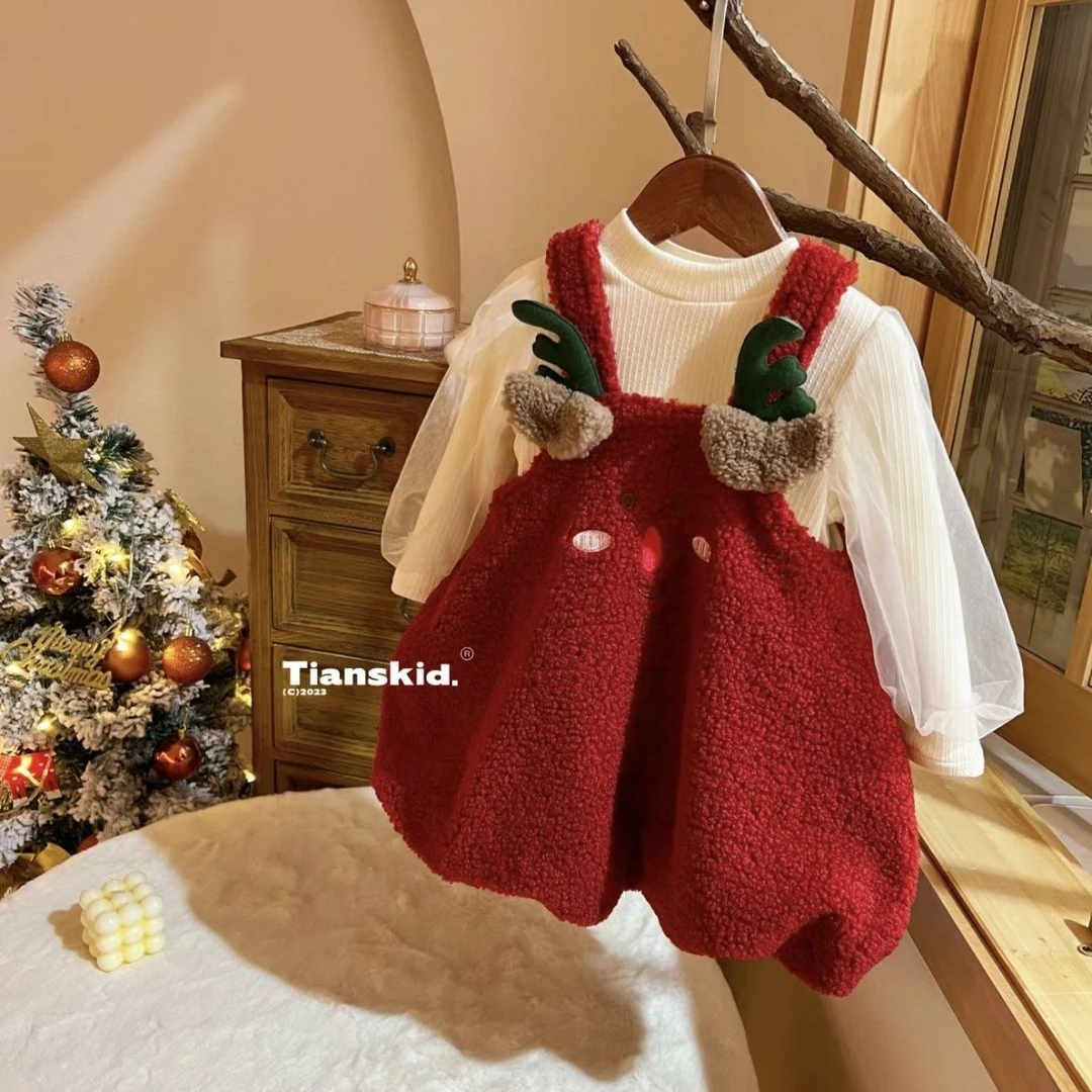 女宝宝连衣裙圣诞2023冬装女童加绒泡泡袖打底衫儿童公主裙两件套