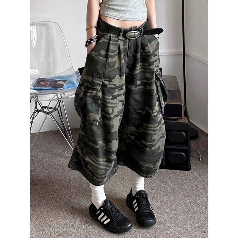 2024国潮美式复古迷彩工装裤男女宽松直筒阔腿大口袋七分夏季短裤