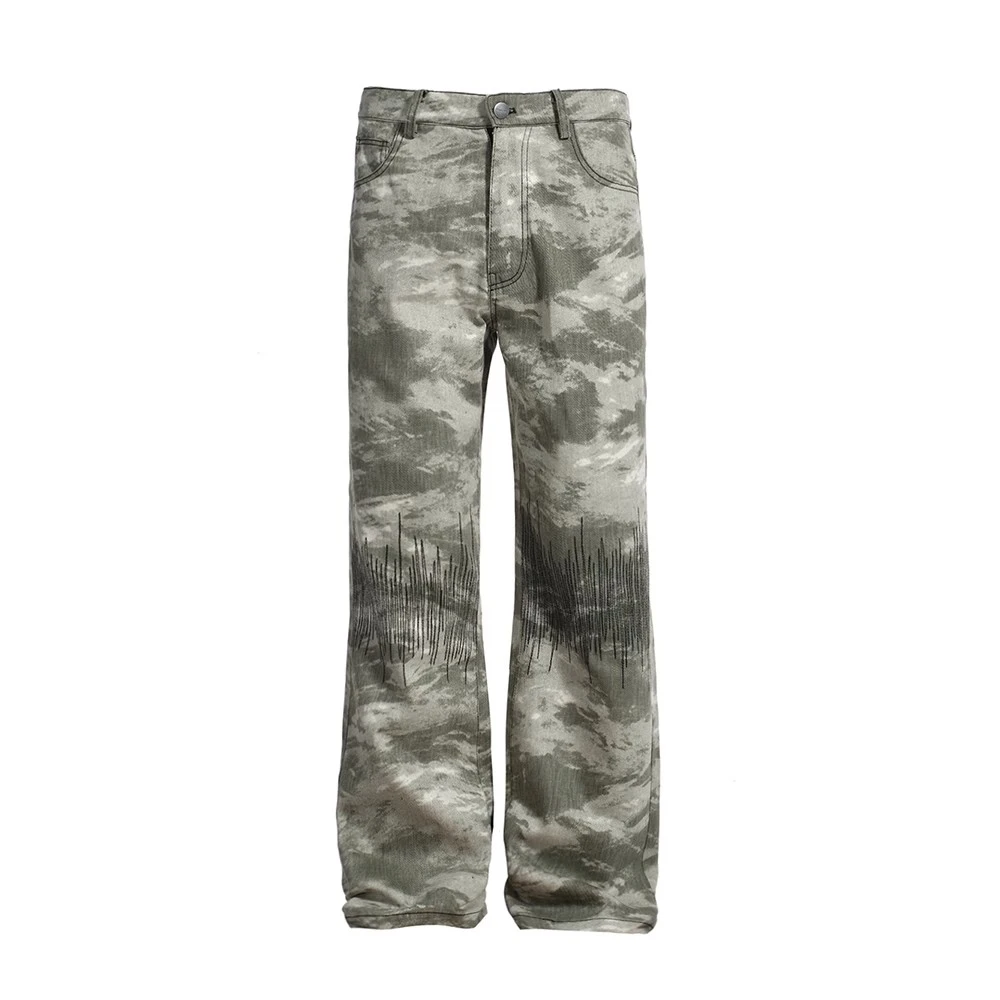 2024美式迷彩休闲裤微喇直筒宽松百搭通勤设计心电图刺绣阔腿长裤