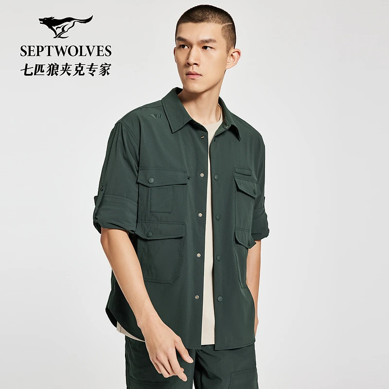 “七匹狼外套男款”短袖衬衫通勤休闲速干工装2025新款夹克外套2609