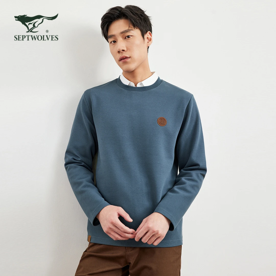 七匹狼男士春季T恤舒适潮流时尚休闲套头百搭宽松圆领长袖T恤1035