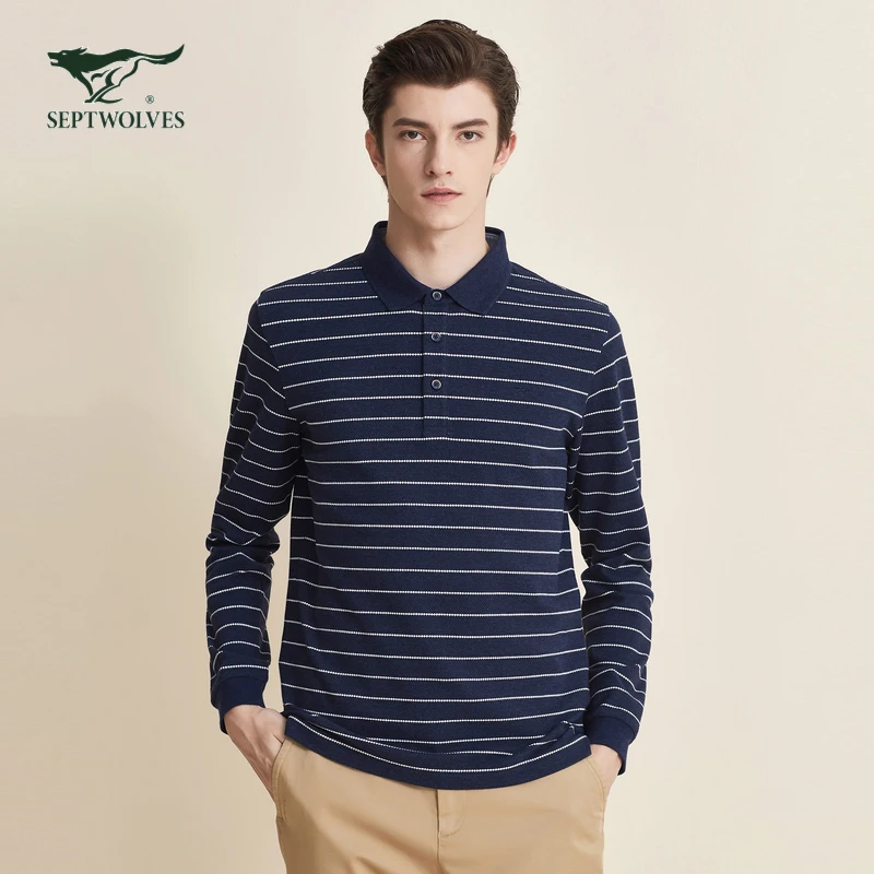 七匹狼商旅多彩POLO衫男士秋冬新款长袖男翻领休闲条纹polo衫5388