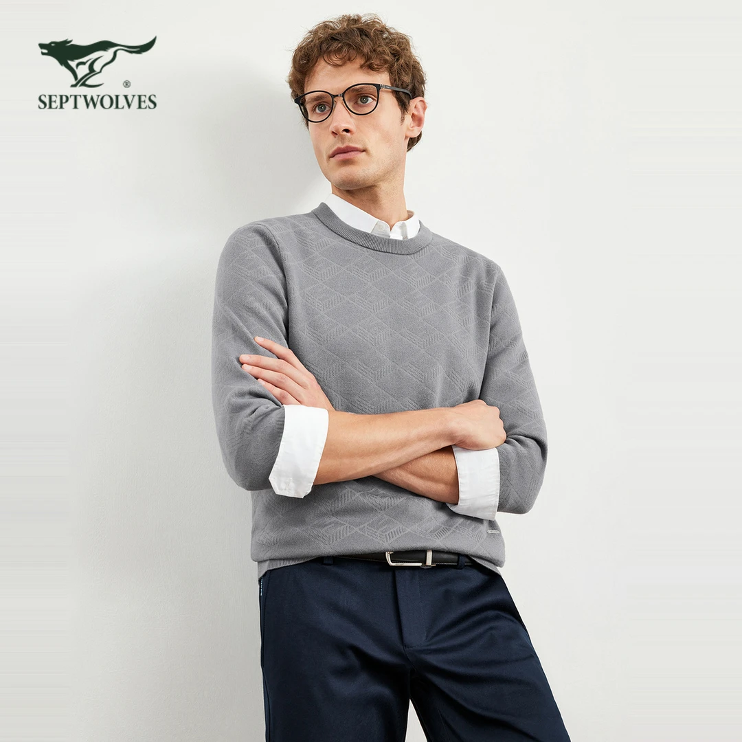 七匹狼2023年秋季男士圆领老花提花休闲长袖线衫百搭时尚男装1138