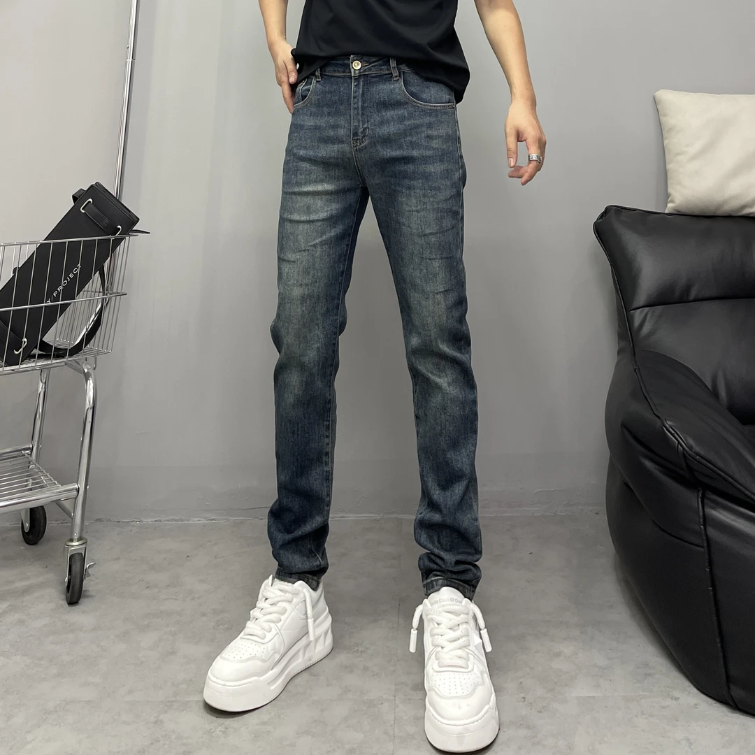 秋冬新款潮流轻奢定制款男士时尚猫须简约百搭小脚修身男士牛仔裤