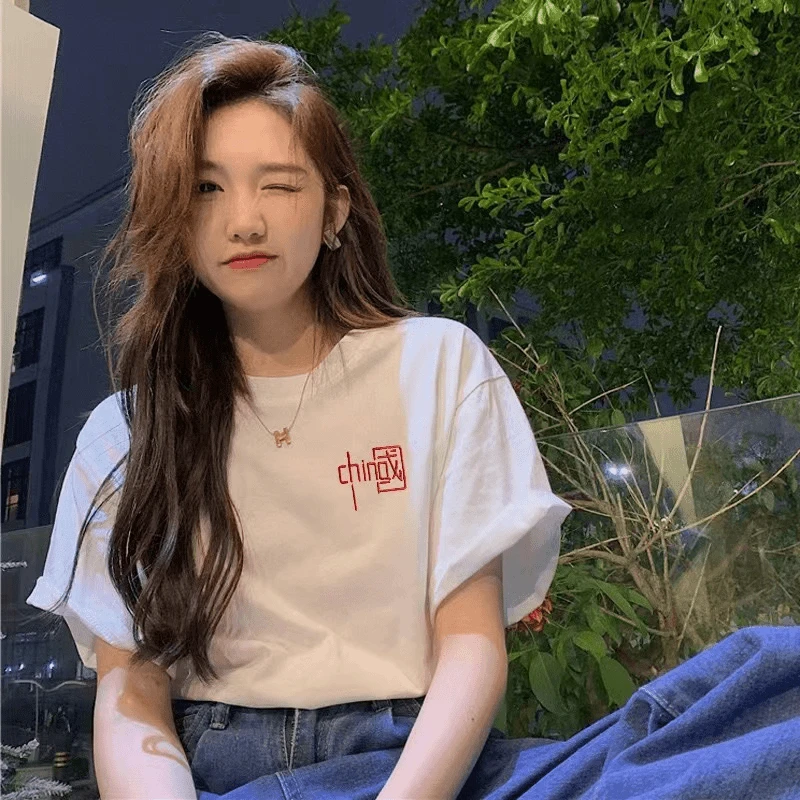 潮牌短袖男女同款宽松版型休闲黑白配百搭中国字母印花ins