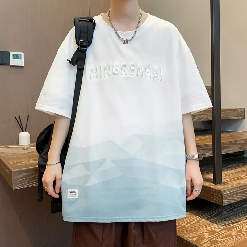 立体凹凸感字母印花短袖t恤男生渐变色宽松版型帅气百搭半袖小衫