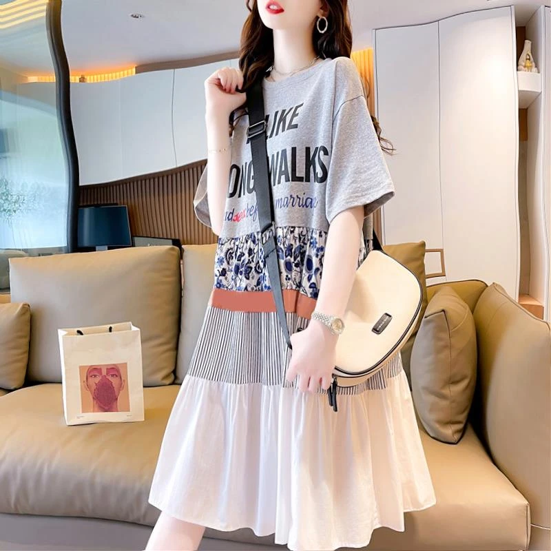 孕妇装中长款t恤上衣夏季百搭小众设计感拼接宽松韩版短袖连衣裙