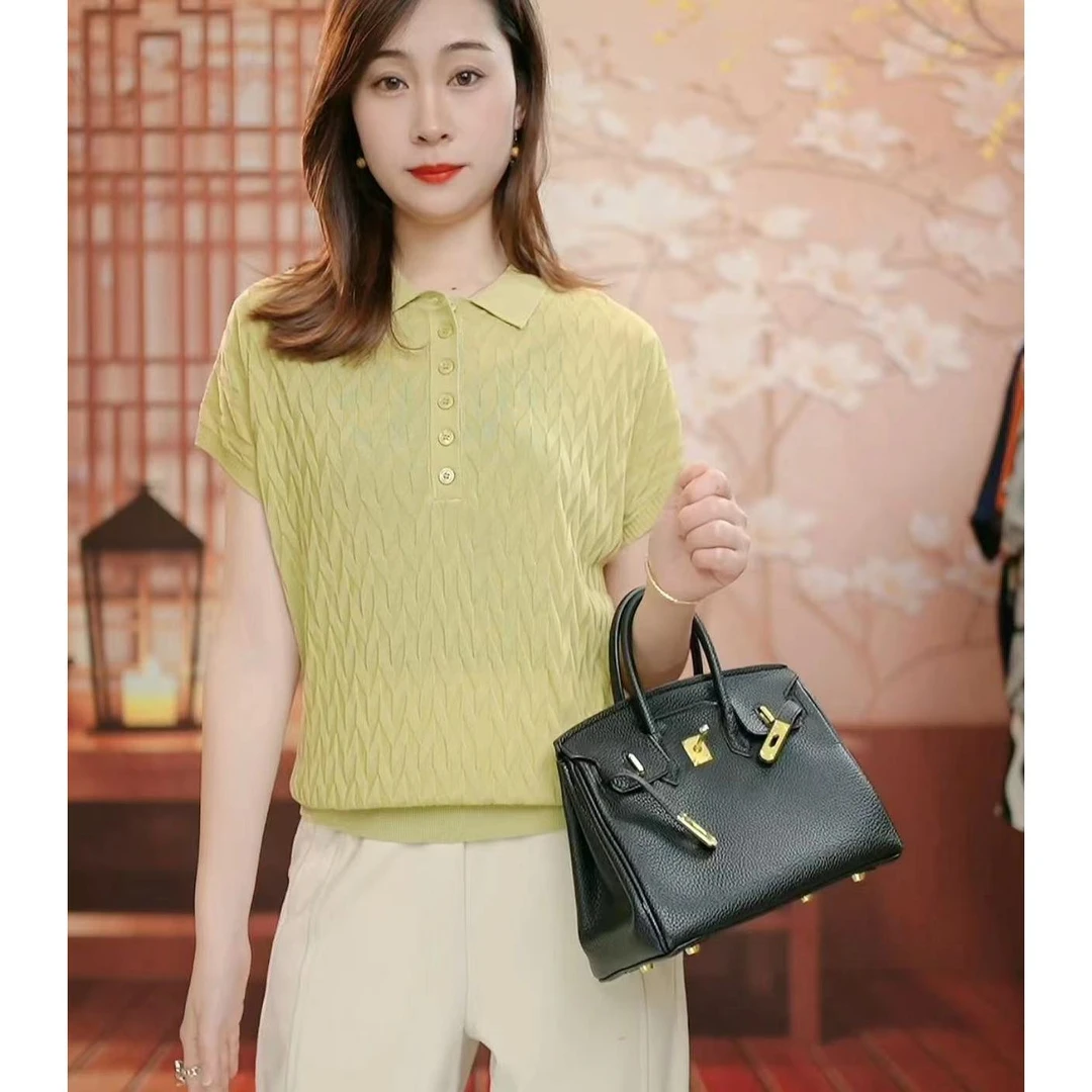 时尚菱格褶皱纯色短袖女夏季新款通勤显瘦纽扣翻领针织衫1281