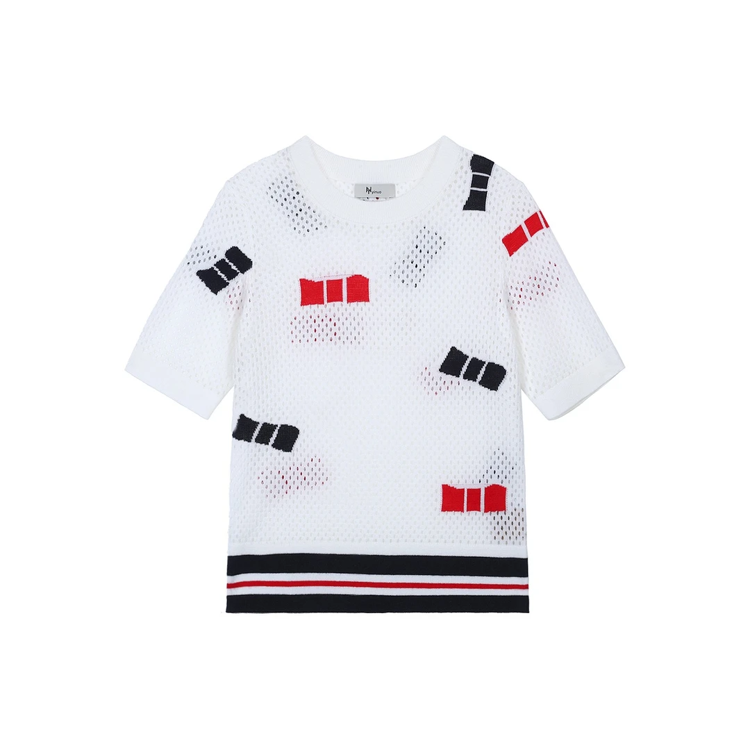 时尚新款蝴蝶结镂空透气白色针织衫圆领短袖上衣