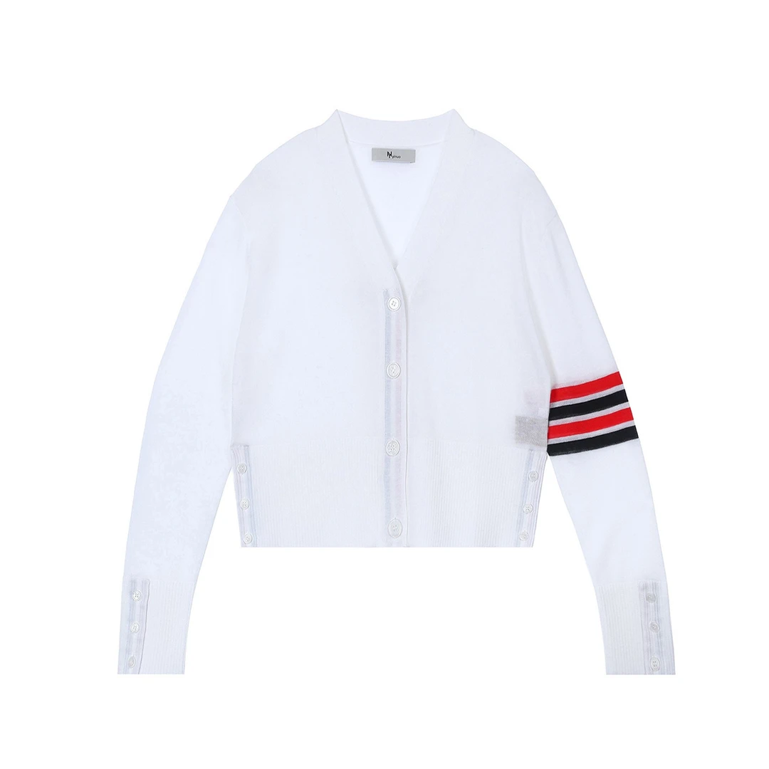 时尚四条杠超薄女款针织长袖防晒凉爽V领白色开衫