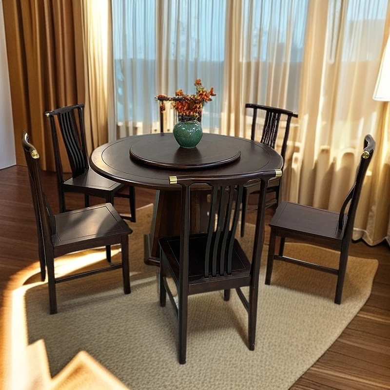 新中式乌金木实木餐桌椅组合轻奢现代简约小户型家用圆形饭桌圆桌