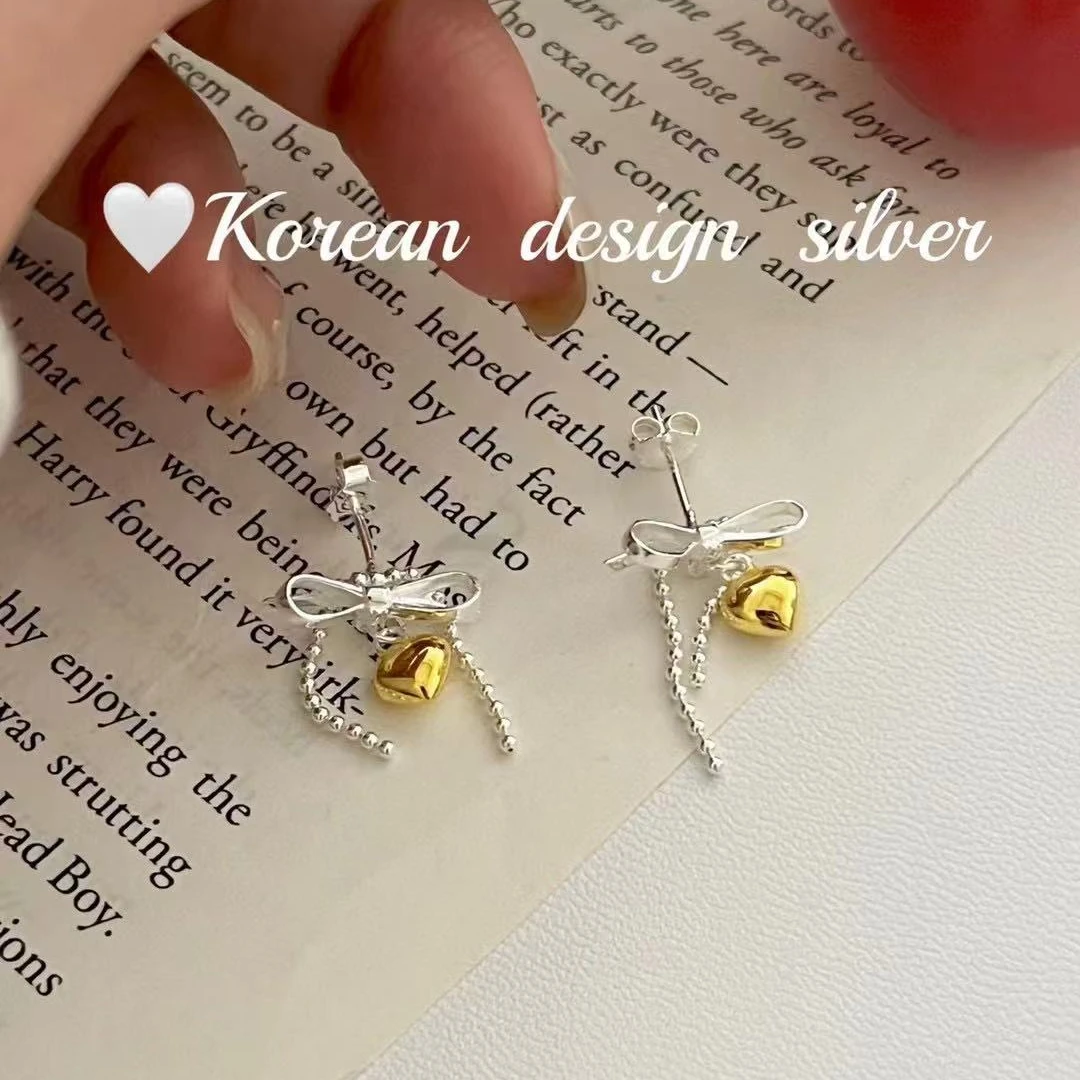 925银耳饰 新款蝴蝶结金银撞色爱心耳饰时尚百搭气质个性少女精致