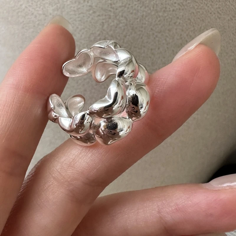 925银戒指 韩版小众设计感双层爱心戒指韩式风复古款气质轻奢