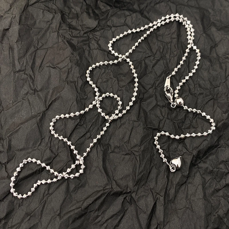 链子925银 车花圆珠爱心抽拉项链女小众设计感银珠项链