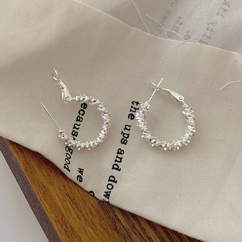 925银耳饰 闪耀耳扣车花扭曲碎银子耳圈百搭欧美ins气质