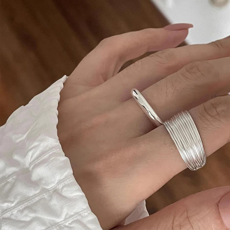 925银戒指 多层线条戒指女ins小众设计通勤风简约百搭