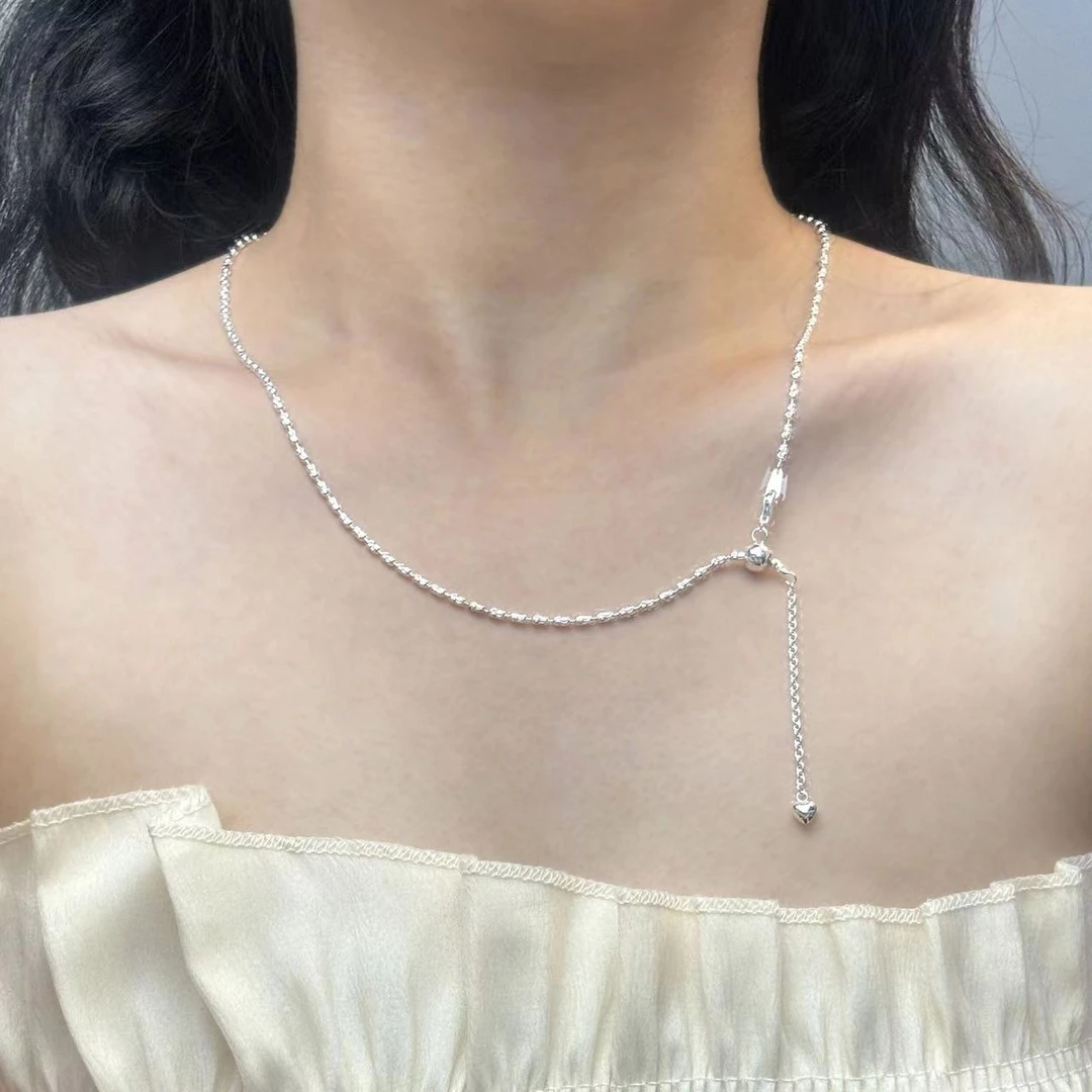 链子925银 闪珠流苏项链爱心抽拉调节辣妹超闪米珠一款多戴