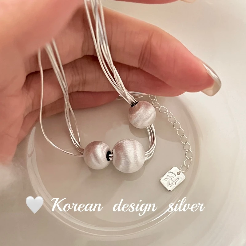 坠链均925银 日系韩版小众设计饰品 圆球拉丝三层蛇骨项链