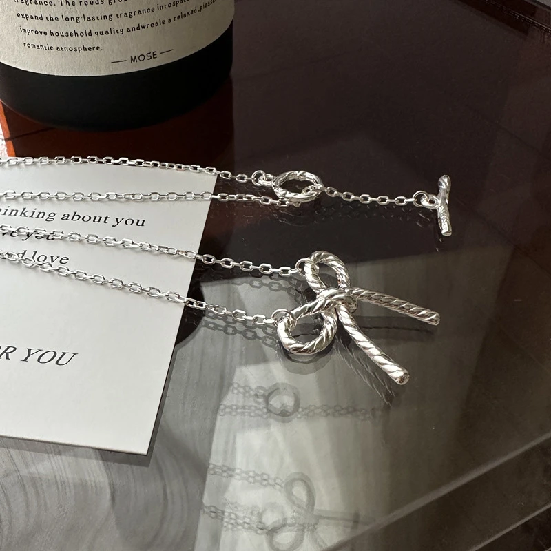 坠链均925银 韩版小众设计麻花蝴蝶结项链韩国风时髦INS时尚百搭