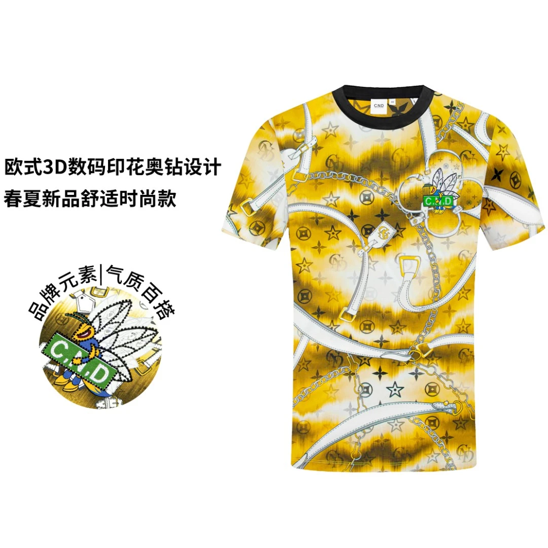 CND卡纳狄尔2025夏季轻奢时尚短袖数码3D印花烫钻logo薄t恤男