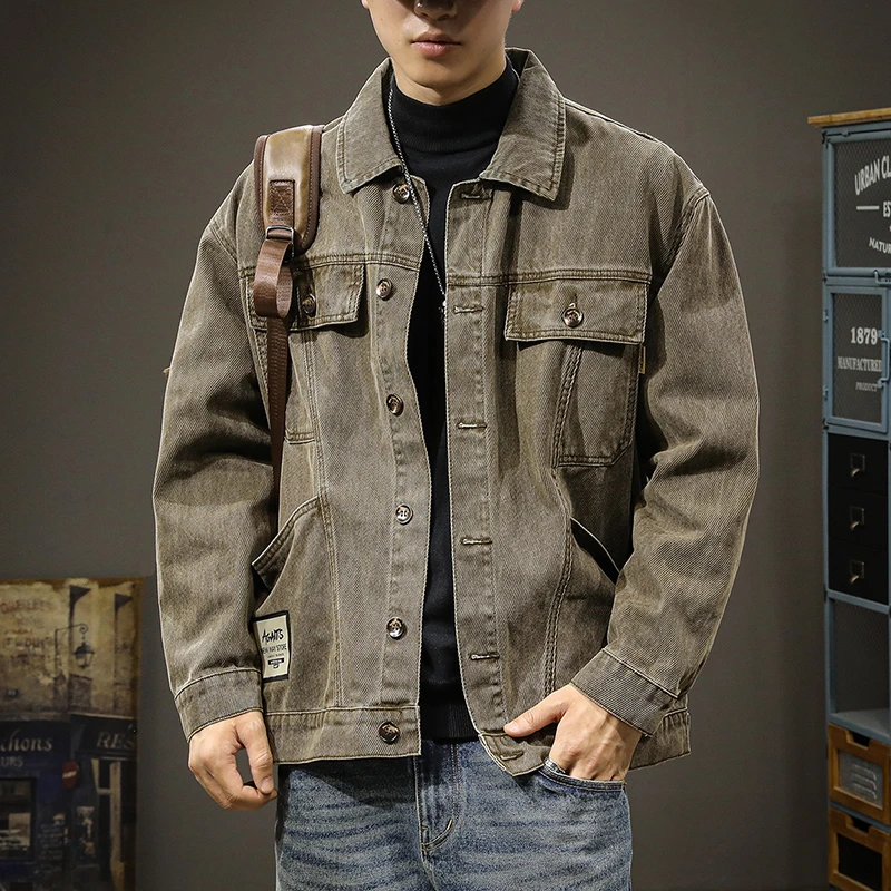 美式重磅复古水洗男士牛仔夹克宽松大码秋季潮流拼接休闲工装外套