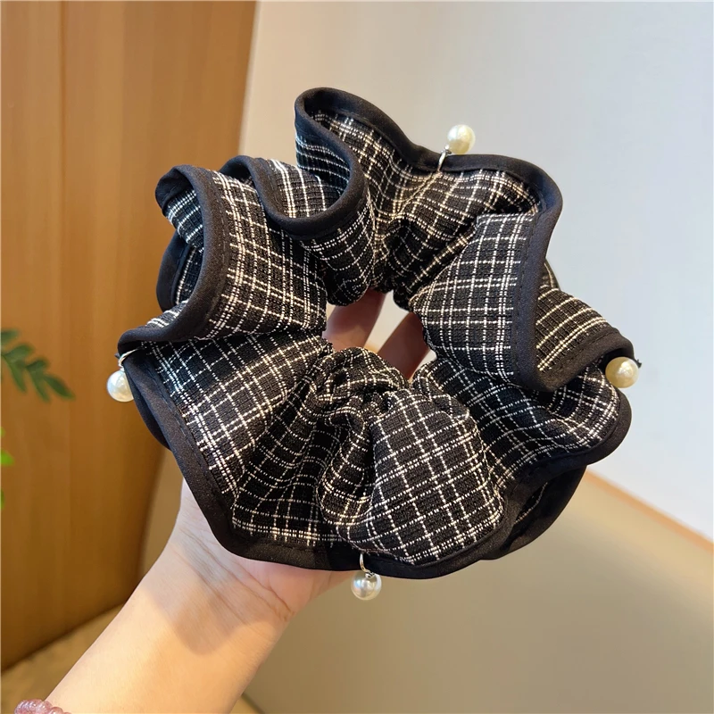 气质百搭高级感布艺仿珍珠双层发圈扎头发绳丸字头皮筋2024新款女