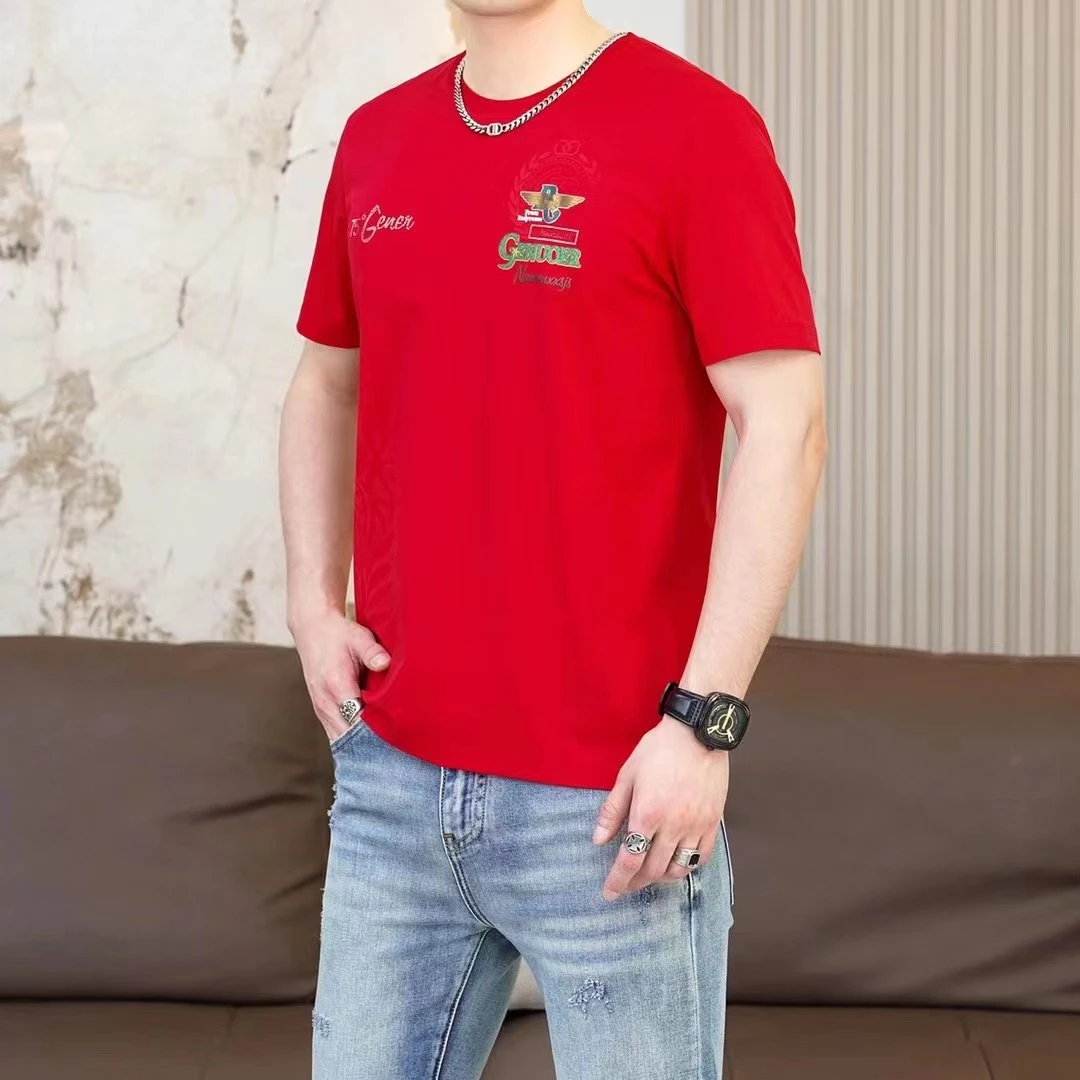 戈诺尔男装2024夏季新款潮流时尚个性红色高品质休闲男士短袖T恤