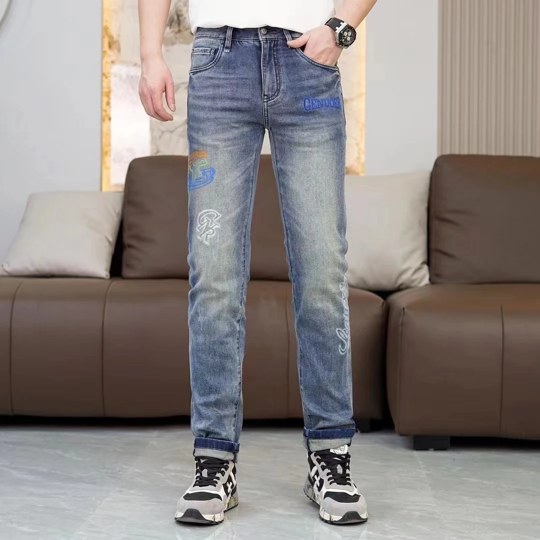 戈诺尔男装2024夏季新款三色喷绘高品质潮流时尚个性水洗牛仔裤