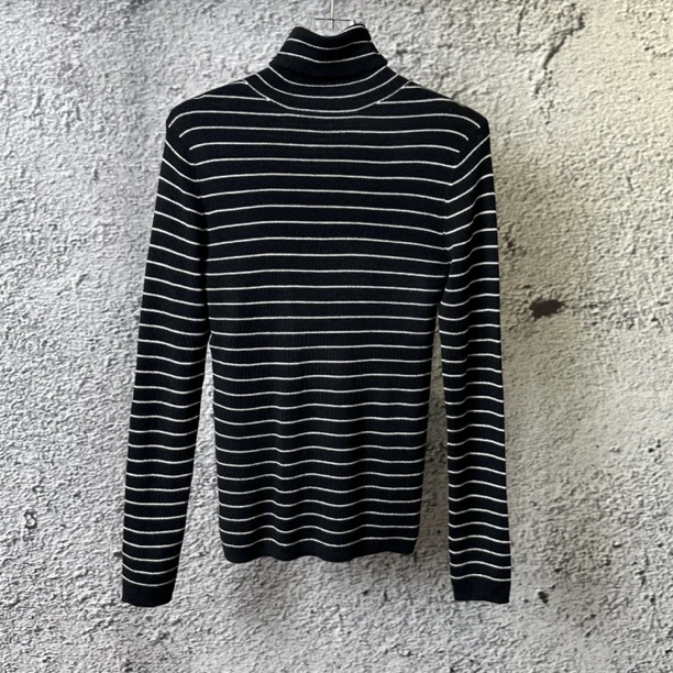 法式基础暴瘦小条纹高领毛衣