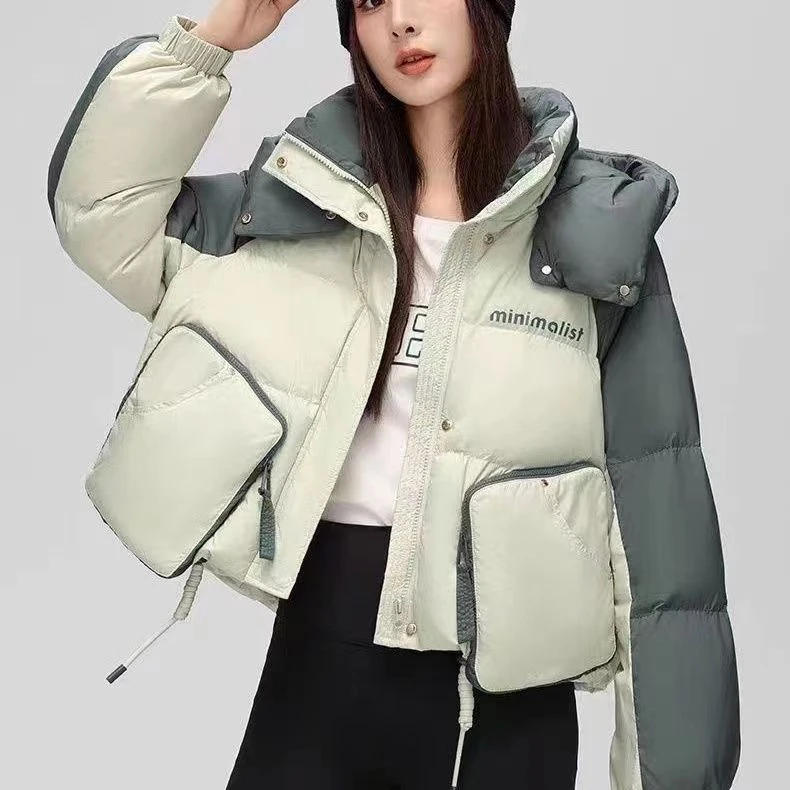 新款短款羽绒服女士新款设计感连帽撞色小个子大口袋宽松保