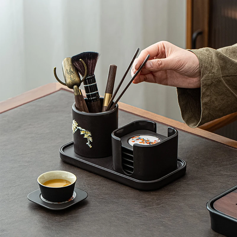 茶道六君子功夫茶具杯垫套装创意实木君子茶筒茶刀茶夹配件高档