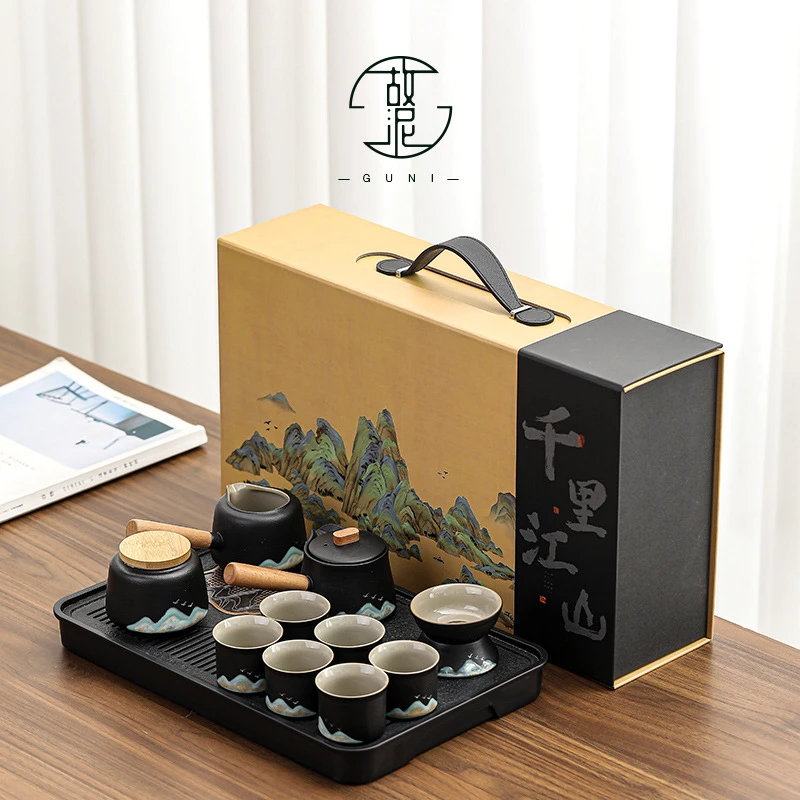 手绘千里江山提梁茶壶户外便携功夫旅行茶具套装商务礼品加印