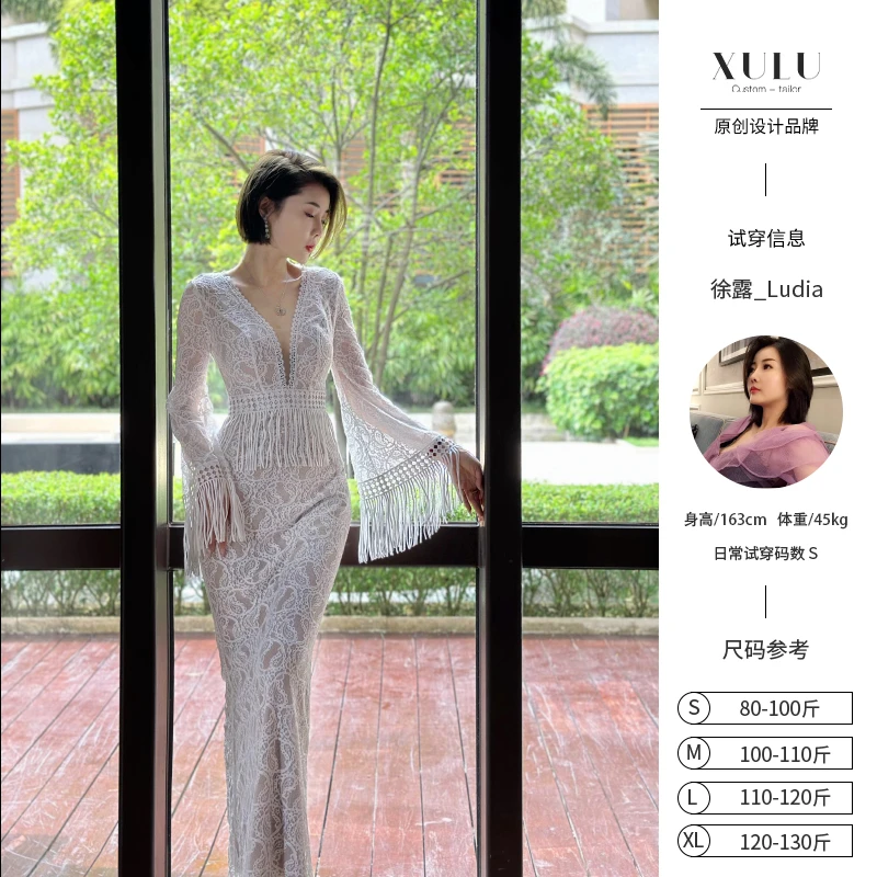 XULU徐露原创性感镂空蕾丝包臀裙流苏复古波希米亚风V领连衣裙