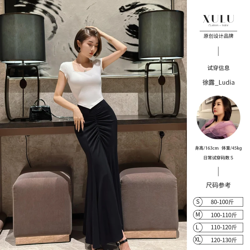XULU原创气质百搭人棉方领修身短袖T恤小众设计不规则短款上衣