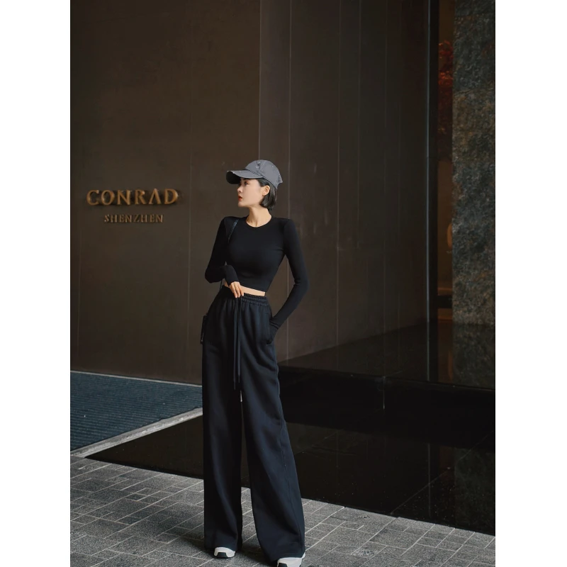 XULU原创针织精品绒高腰百搭长裤气质修身圆领纯色长袖打底衫上衣