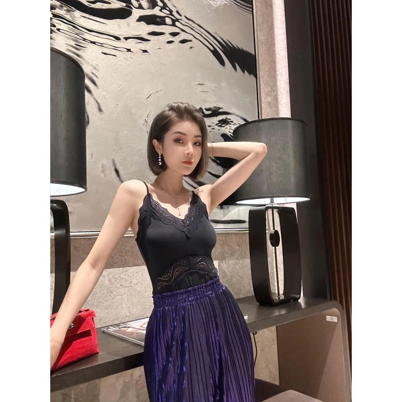 XULU原创高定铜氨丝拼锦纶蕾丝边轻奢气质优雅修身显瘦吊带上衣女