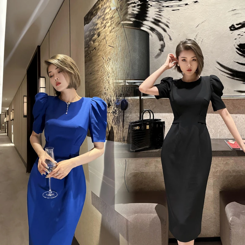 XULU原创高定纯色醋酸时尚气质显身材收腰显瘦泡泡短袖圆领连衣裙