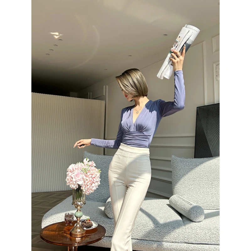 XULU原创纯色针织布时尚简约气质优雅修身褶皱显瘦长袖V领上衣女