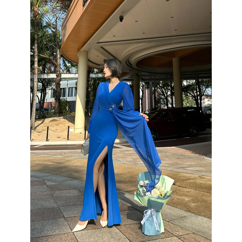 XULU原创进口水晶麻纱拼接乔其纱度假风气质显身材长袖V领连衣裙