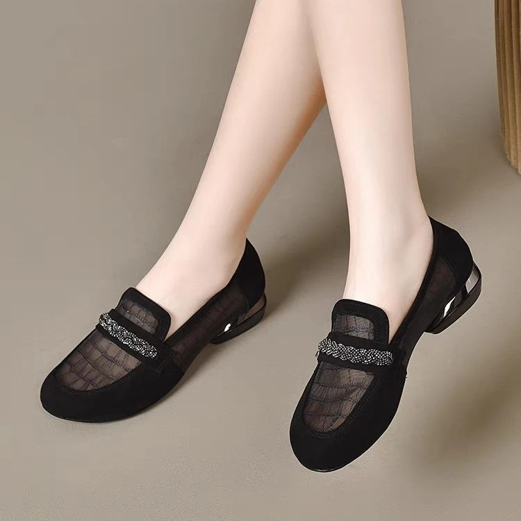 真软皮网纱单鞋女2024新款夏季圆头平底鞋镂空透气豆豆鞋妈妈凉鞋
