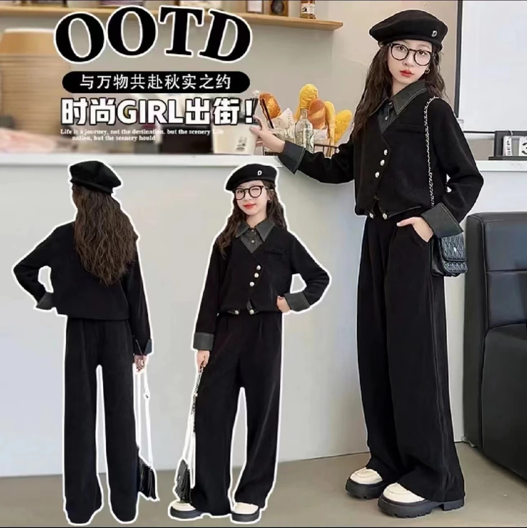 【潮甜女孩】女童2024假两件上衣半两件套小众复古法式高级感套装