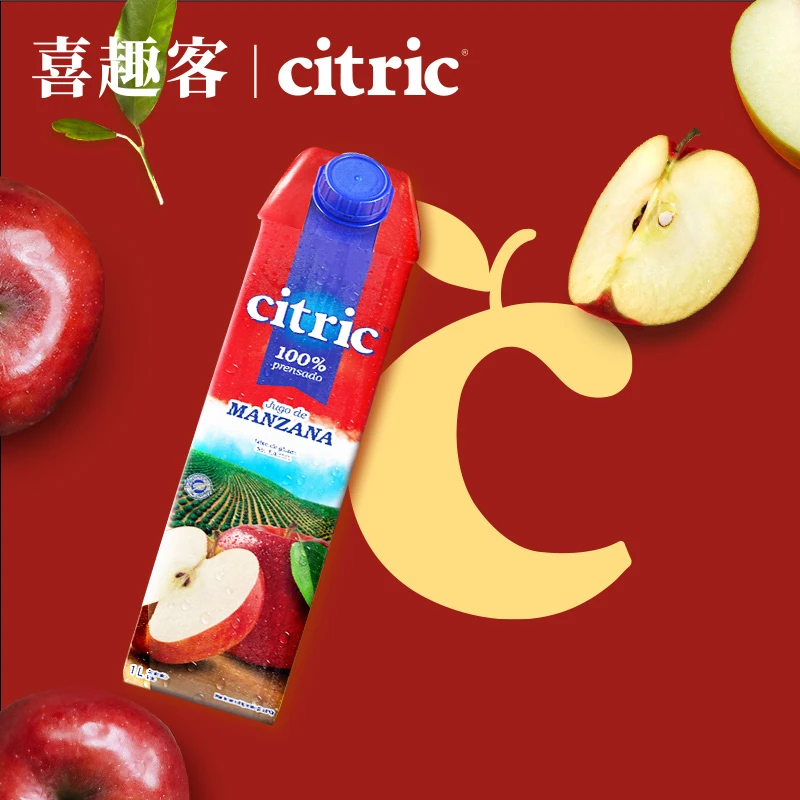 citric喜趣客苹果汁进口非浓缩纯正NFC果汁早餐饮品 鲜榨1L/盒