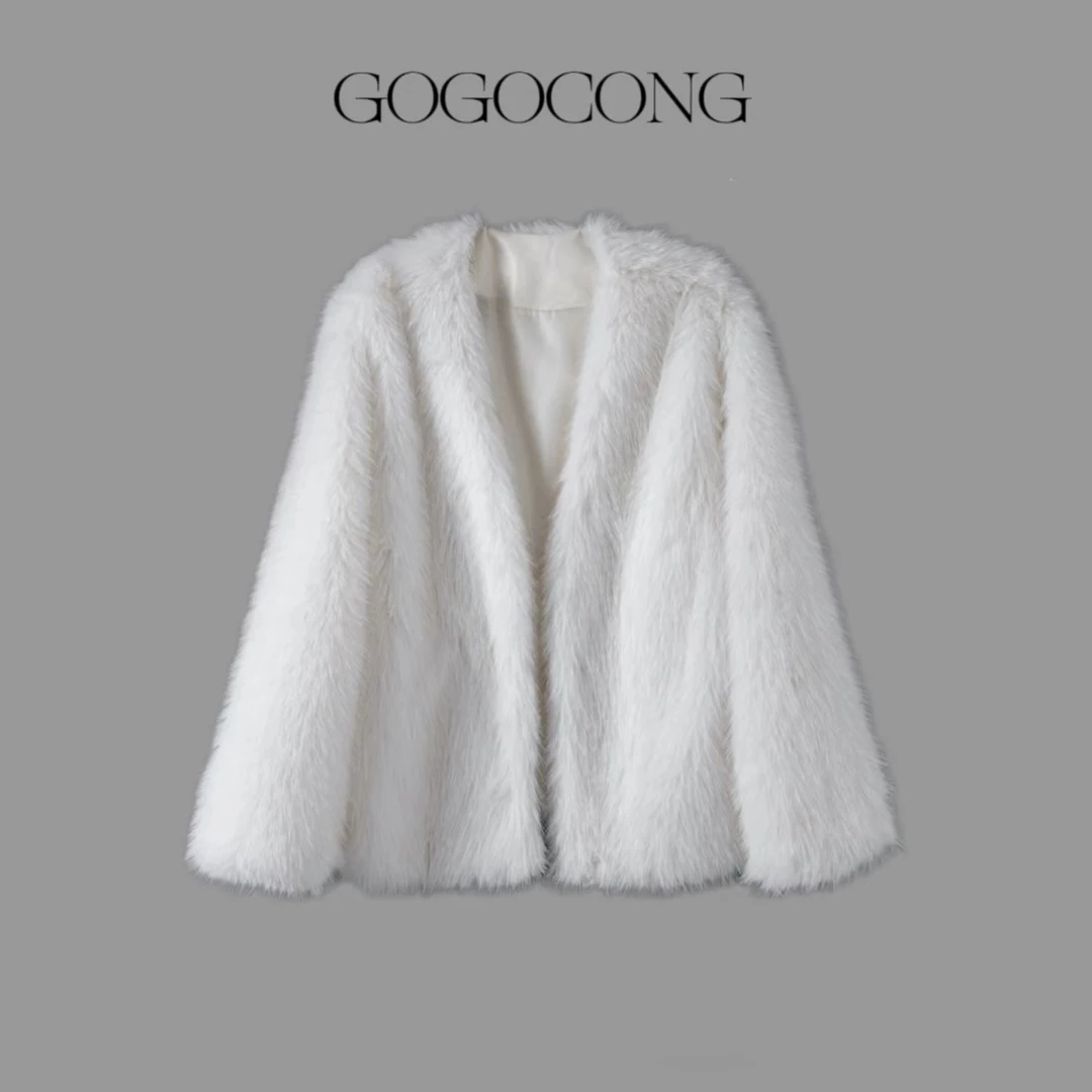 【GOGOCONG】简约V领白毛毛外套